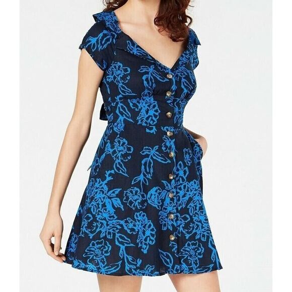 NEW! Free People A thing called love button front blue floral tie back dress - Picture 1 of 8